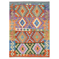 3'7 "x5' Orange Afghan Kilim Geometrisches Muster Flachgewebe Handgewebter Wollteppich