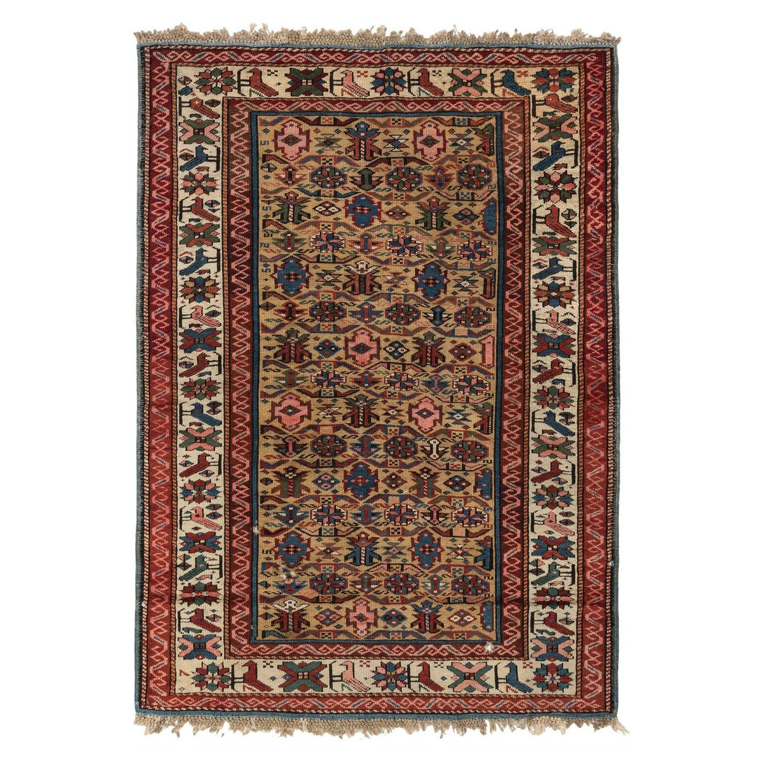 3.7x5.2 Ft Antique Yellow Ground Kuba (Quba) Rug With Birds, North East Caucasus For Sale