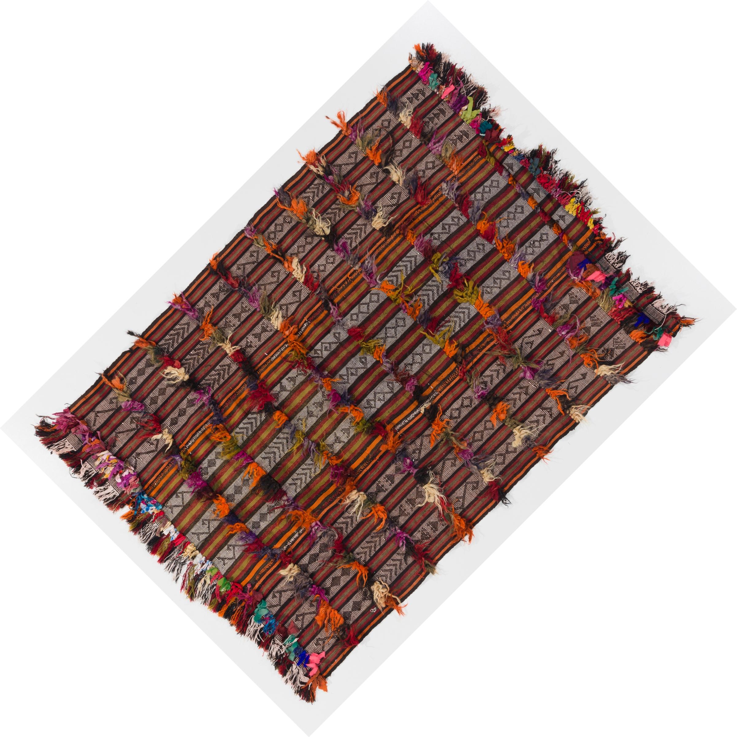 Hand-Woven 3.7x5.2 Ft Striped Handmade Anatolian Kilim Rug with Wool and Cotton Poms For Sale