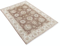 3.7x5.3 ft Handknotted Brown, Ivory Wool Area Rug. Turkish Oushak Accent Rug