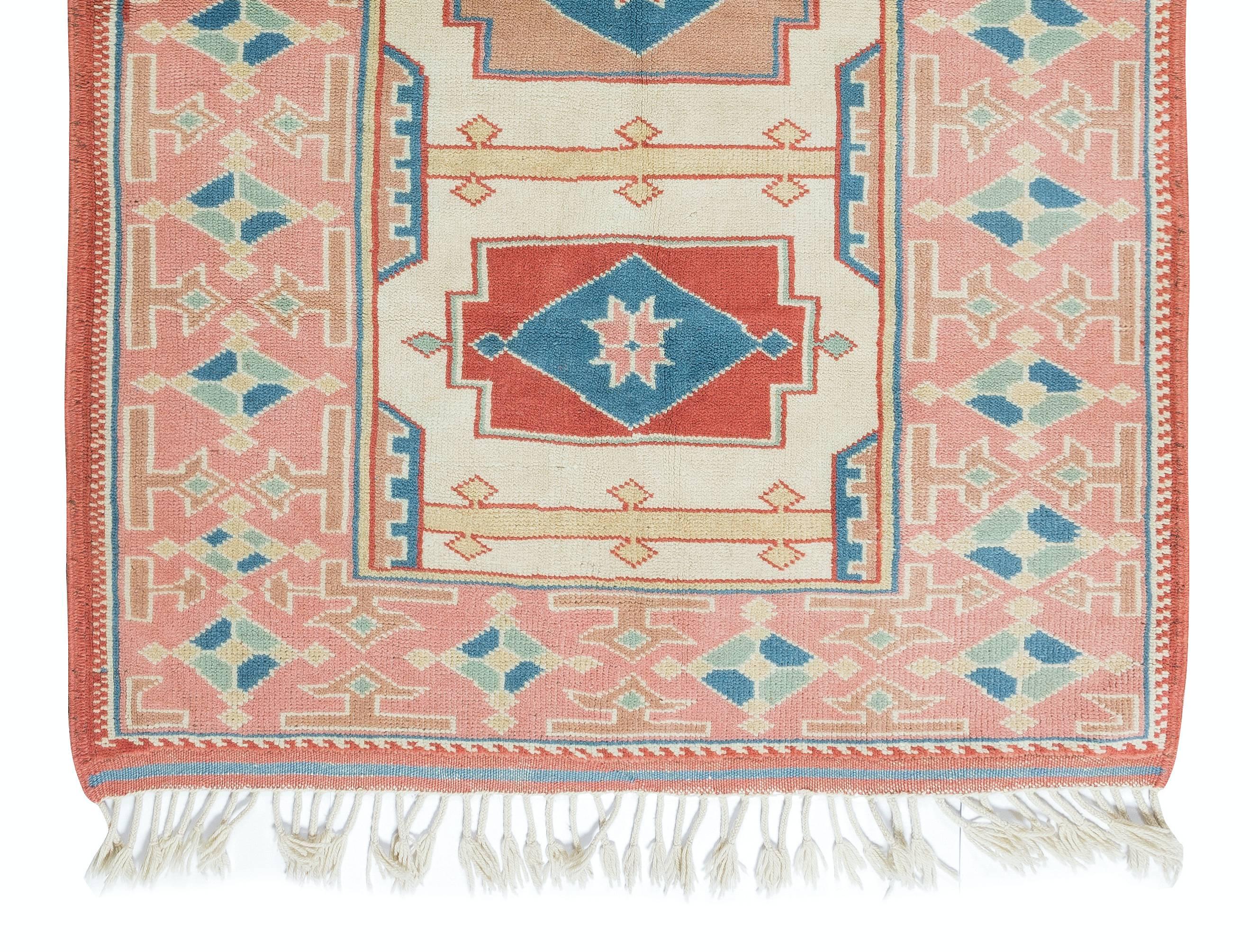 Contemporary 3.7x5.4 Ft Modern Handmade Turkish Wool Area Rug with Geometric Medallion Design For Sale