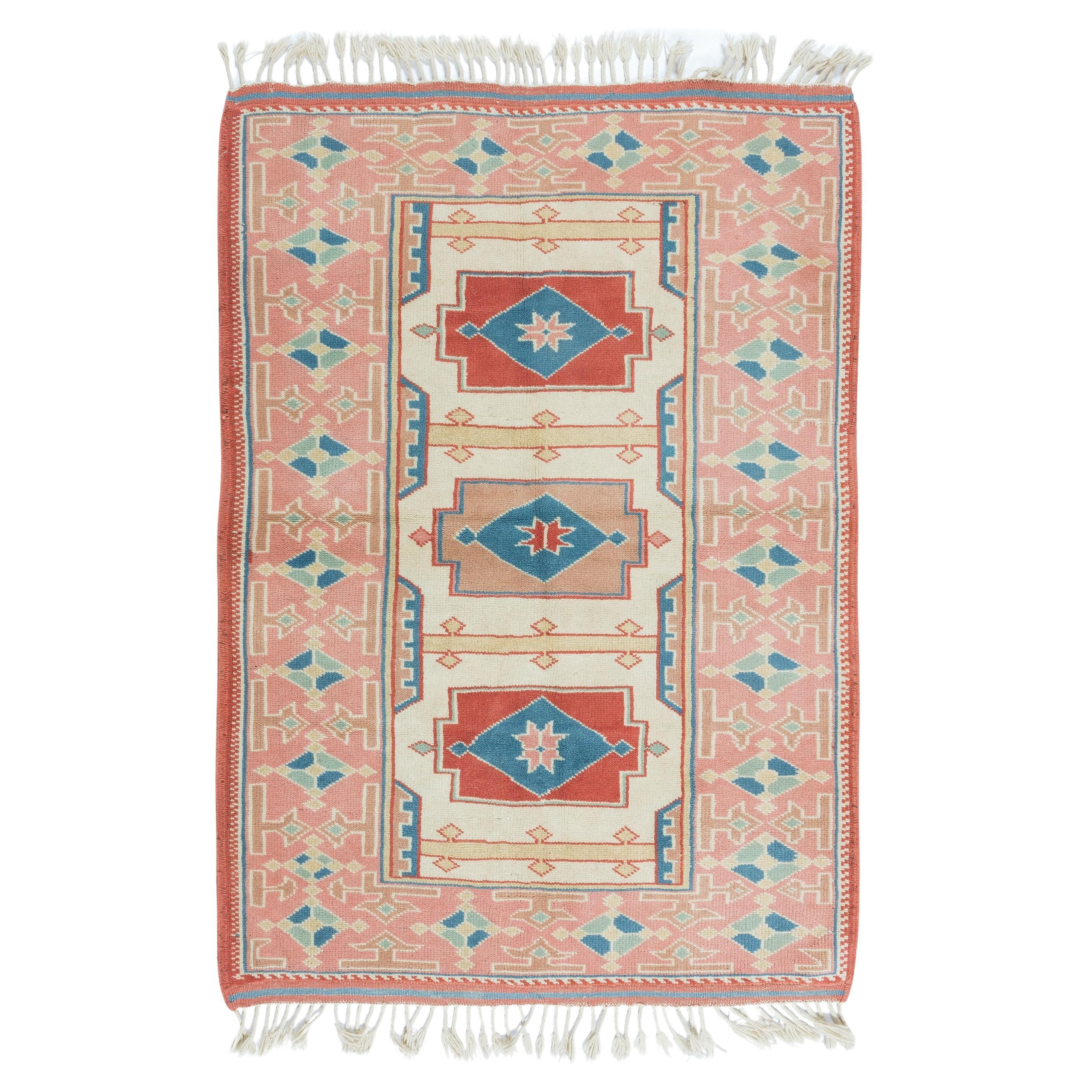 3.7x5.4 Ft Moderner handgefertigter Teppich aus türkischer Wolle mit geometrischem Medaillon-Design