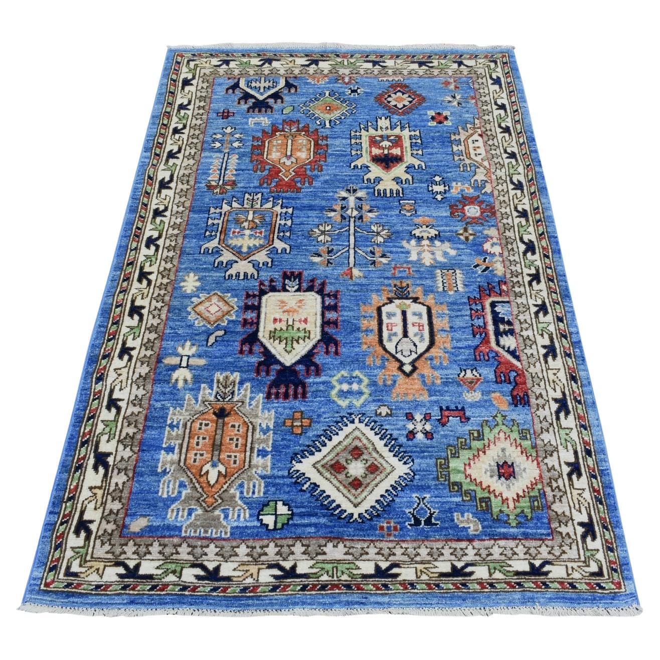 3'7"x5'4" Light Blue Hand Knotted Afghan Ersari Pure Wool Oriental Rug