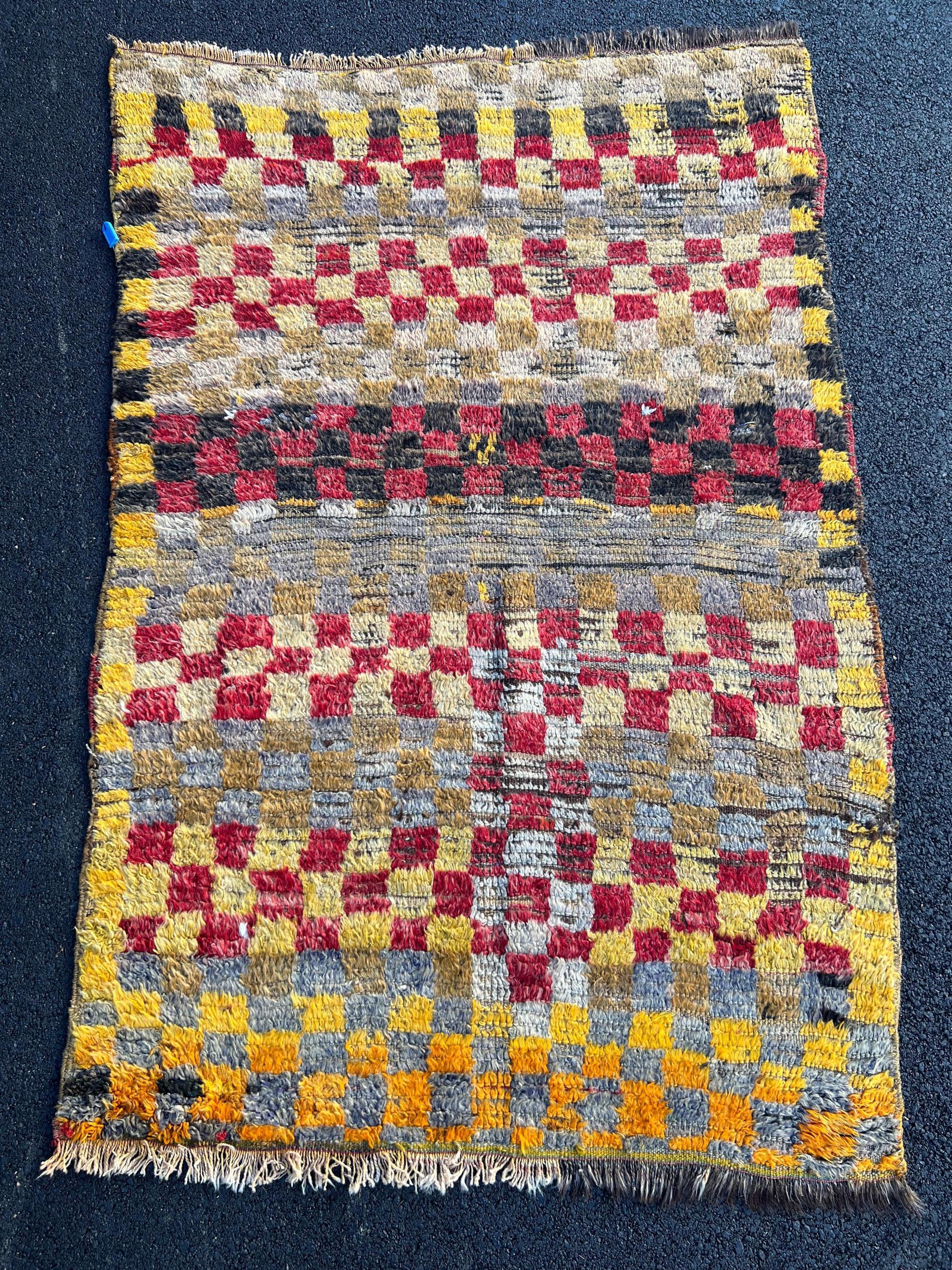 3.7x5.6 Ft Antique Turkish Tulu Rug with Checkered Design In Good Condition For Sale In Spring Valley, NY