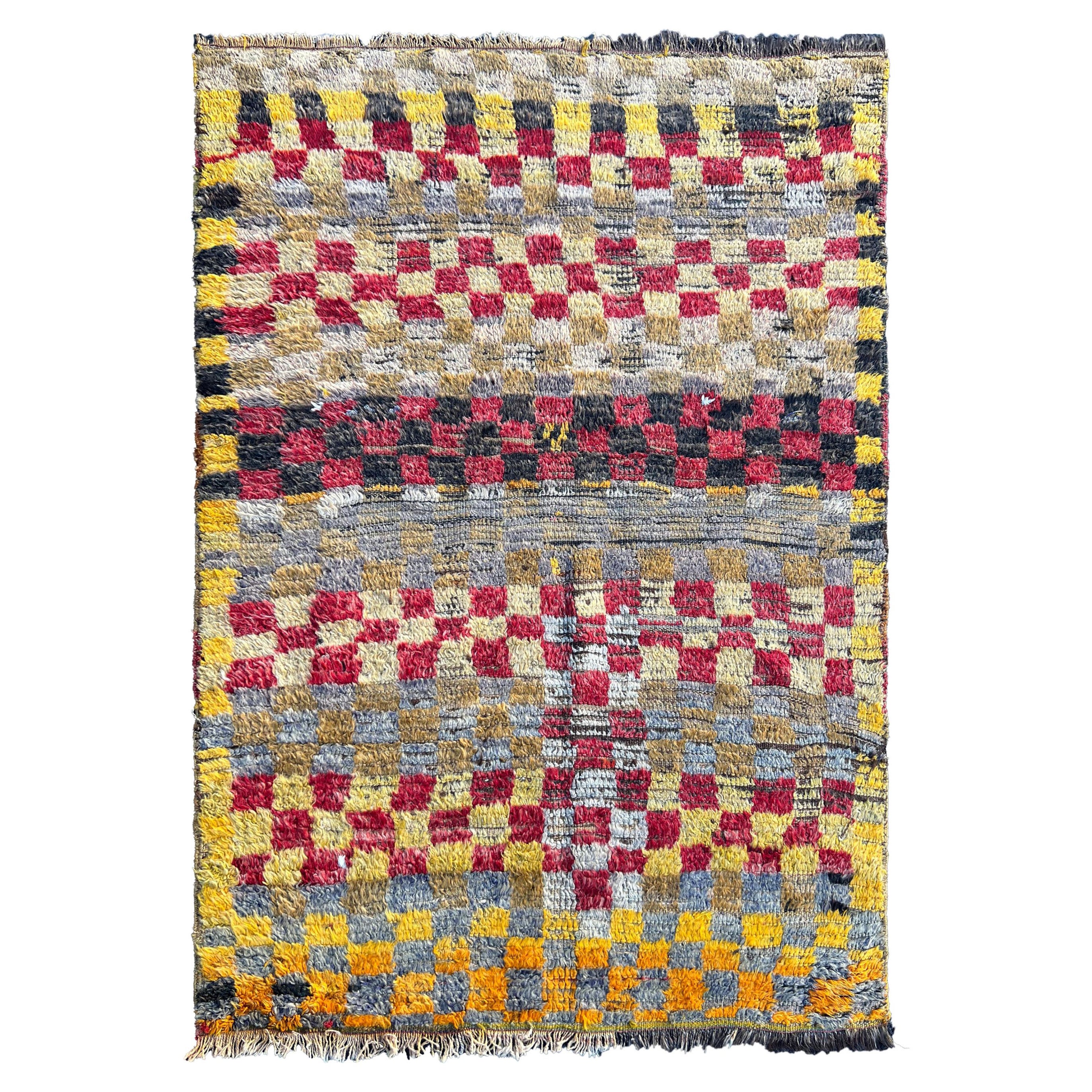 3.7x5.6 Ft Antiker türkischer Tulu-Teppich mit kariertem Design