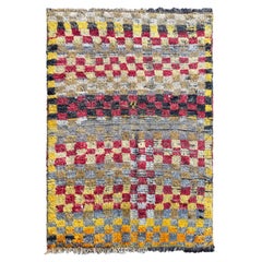 3.7x5.6 Ft Antiker türkischer Tulu-Teppich mit kariertem Design