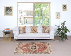 3.7x5.7 Ft Vintage Turkish Rug. Hand-Knotted in Turkey. Beige and Red Colors