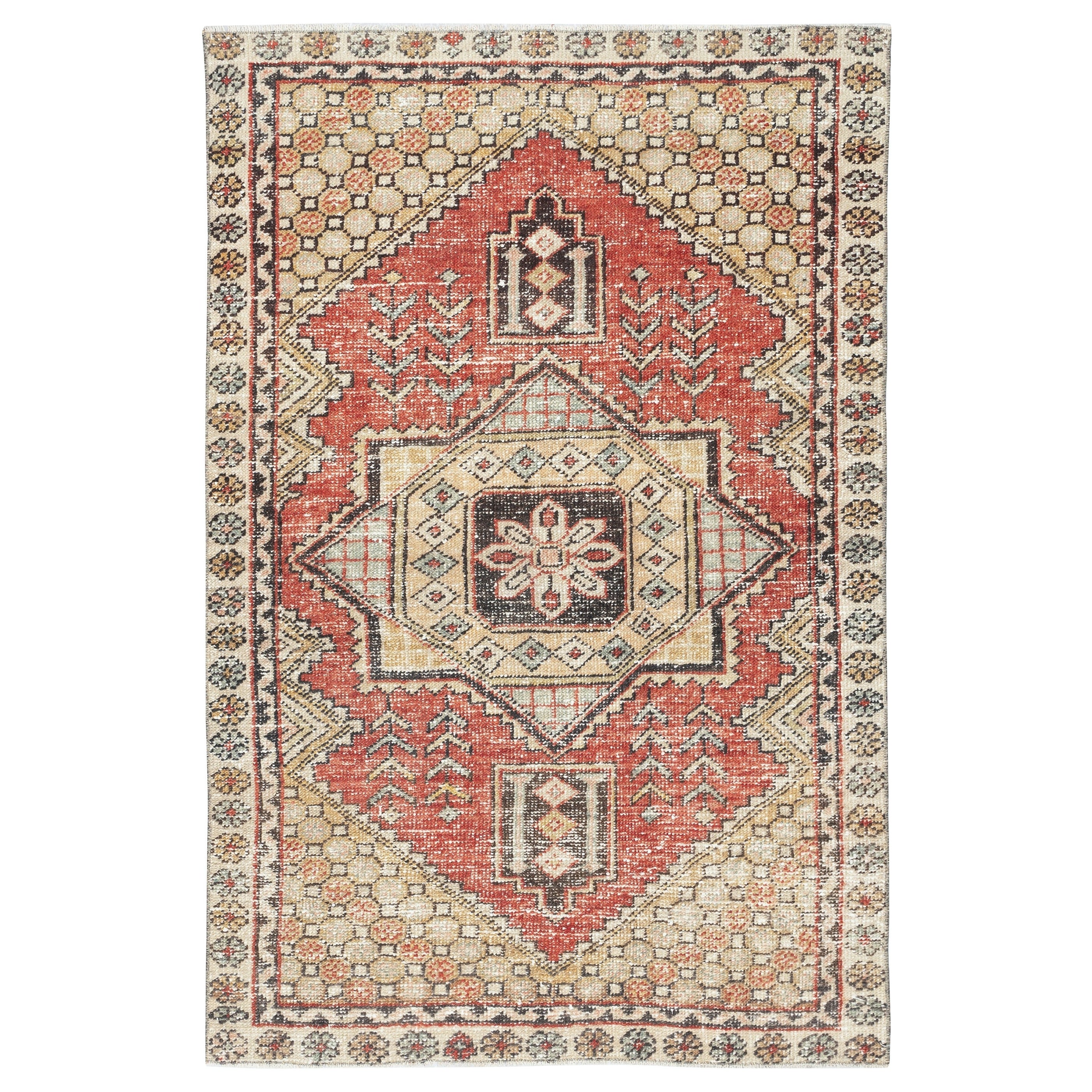 3.7x5.7 Ft Vintage Türkischer Teppich. Handgeknüpft in der Türkei. Beige und rote Farben