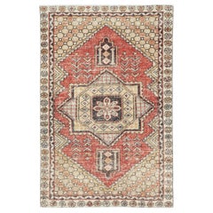 3.7x5.7 Ft Vintage Turkish Rug. Hand-Knotted in Turkey. Beige and Red Colors