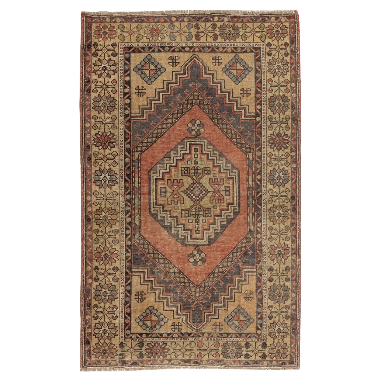 3.7x5.8 Ft handgefertigter türkischer Dorfteppich im Vintage-Stil mit geometrischem Medaillon-Design