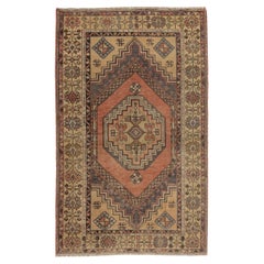 3.7x5.8 Ft handgefertigter türkischer Dorfteppich im Vintage-Stil mit geometrischem Medaillon-Design