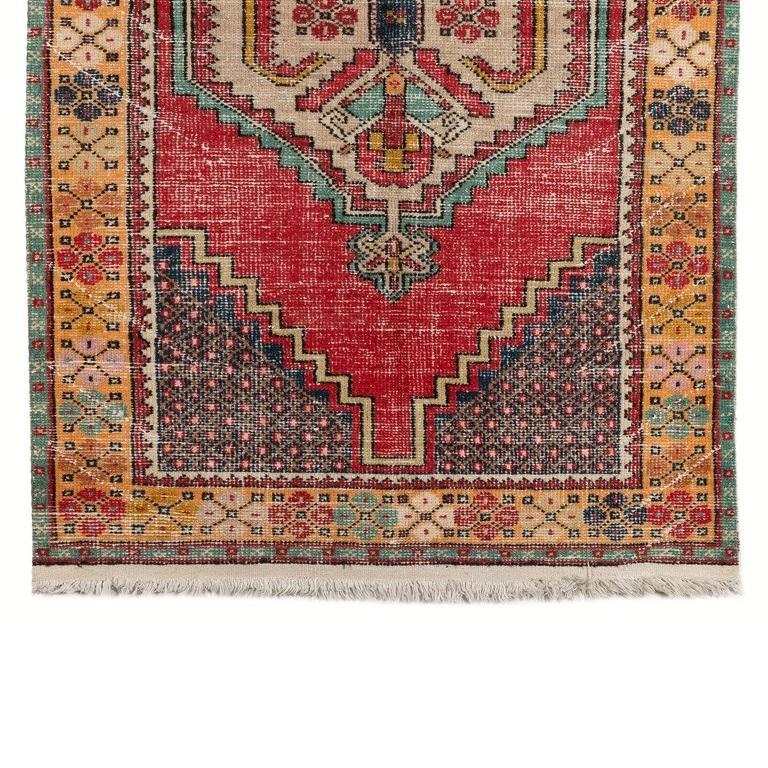 Hand-Woven 3.7x6 F Hand-Knotted Vintage Turkish Accent Rug with Tribal Style, One of a kind For Sale