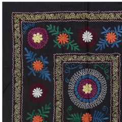3.7x6.3 Ft Uzbek Suzani Wall Hanging in Black, Vintage Silk Embroidery Bedspread
