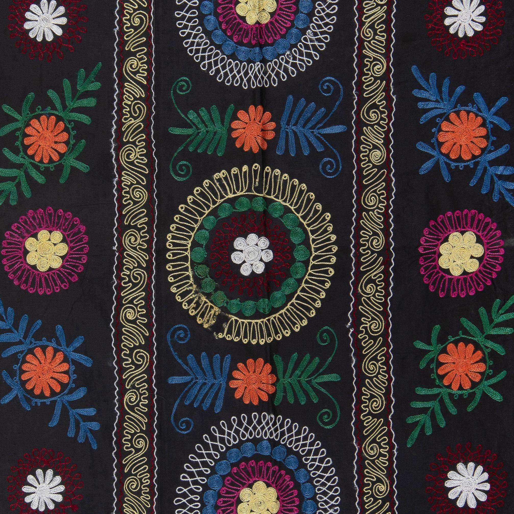 Embroidered 3.7x6.3 Ft Uzbek Suzani Wall Hanging in Black, Vintage Silk Embroidery Bedspread For Sale