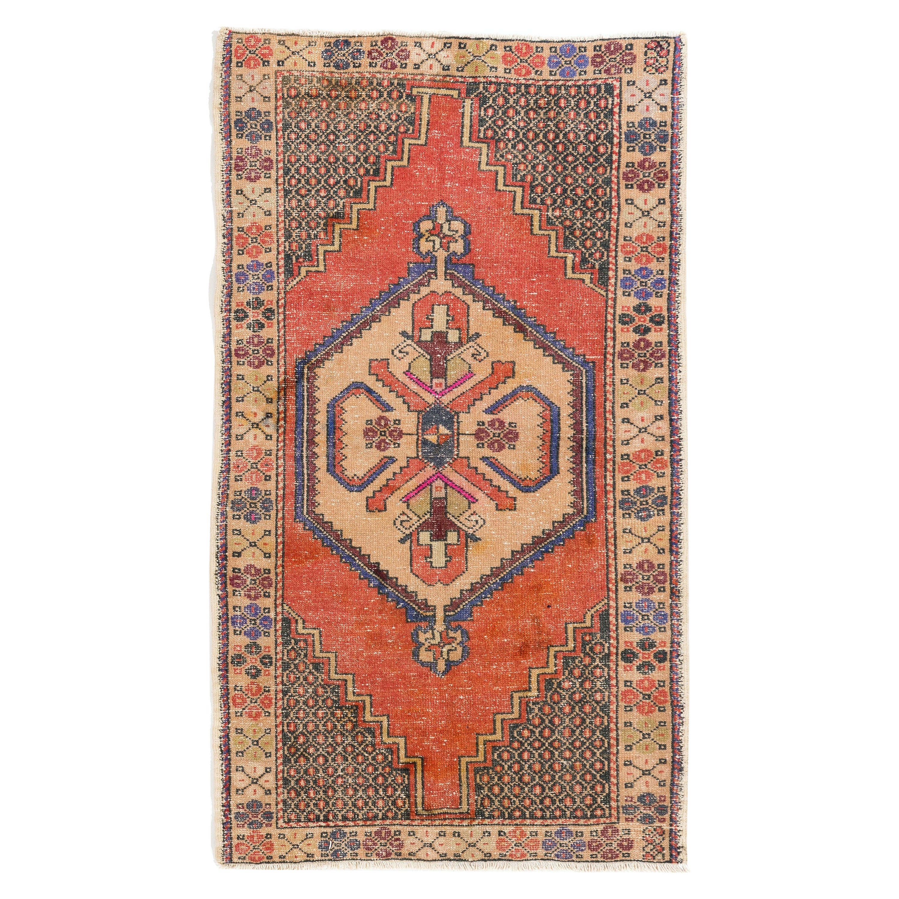 3.7x6.3 Ft Vintage Türkischer Akzent-Teppich in Rot, ca. 1955, Bodenbezug aus Wolle
