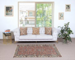 3.7x6.4 Ft Vintage Handmade Turkish Red Wool Accent Rug with Floral Design