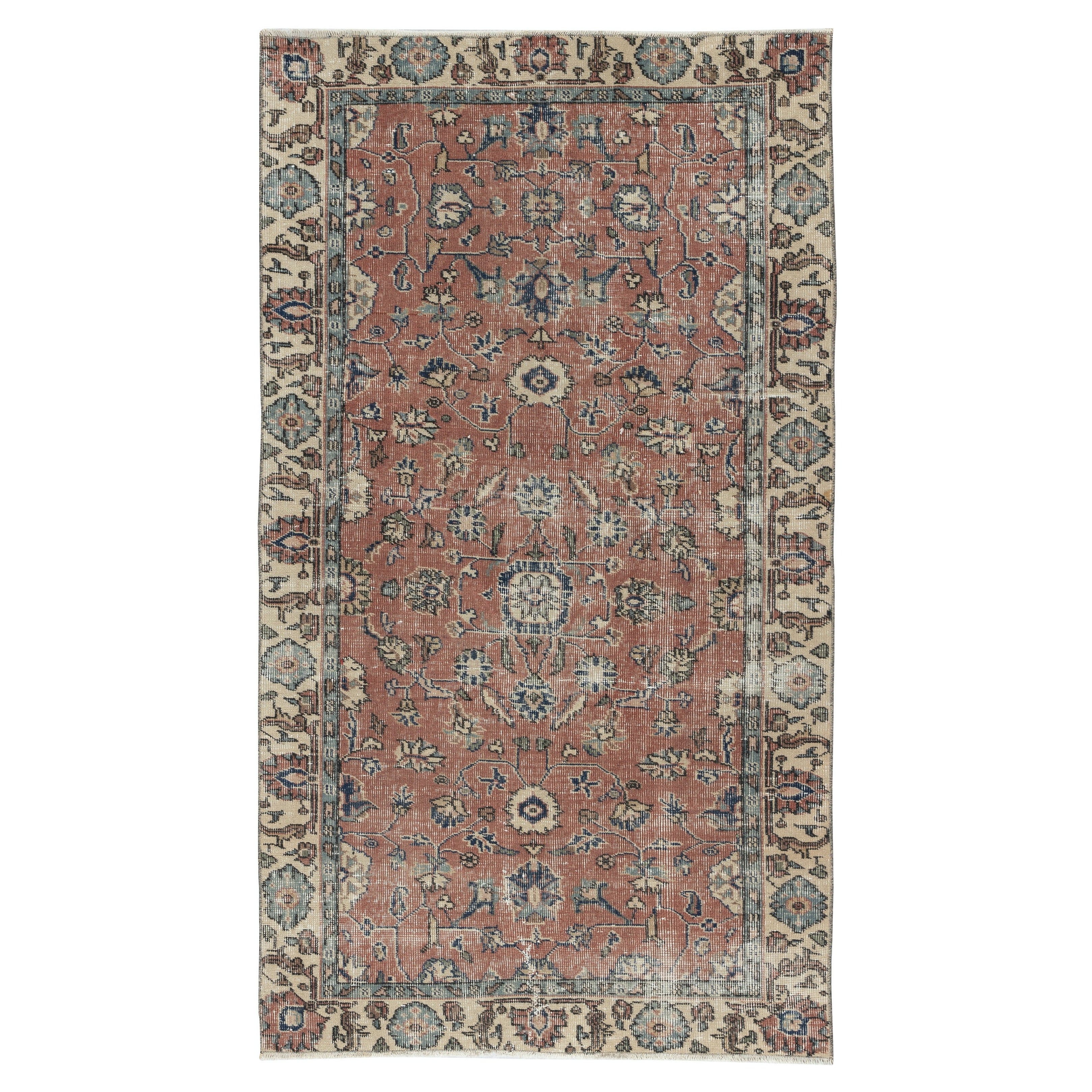 3.7x6.4 Ft Vintage Handgefertigt Türkisch Rot Wolle Akzent Teppich mit Floral Design