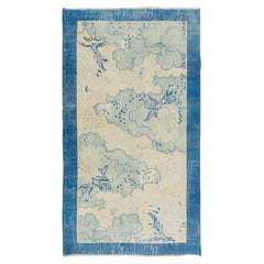 3.7x6.5 Ft One-of-a-Pair Handmade 1960s Art Deco Chinese Design Rug with Clouds