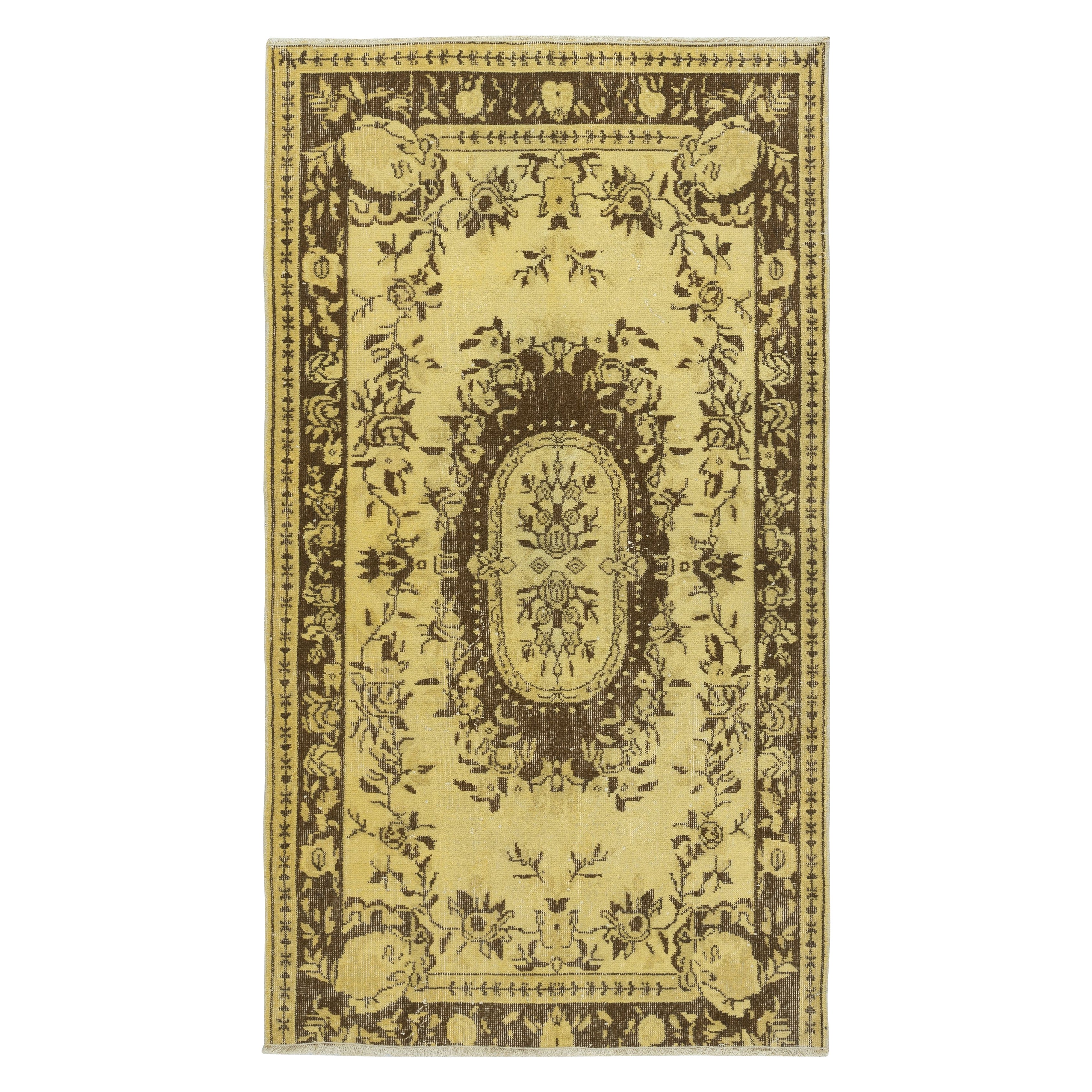 3.7x6.5 Ft Overdyed Yellow Turkish Accent Rug, Modern Handmade Floor Covering For Sale