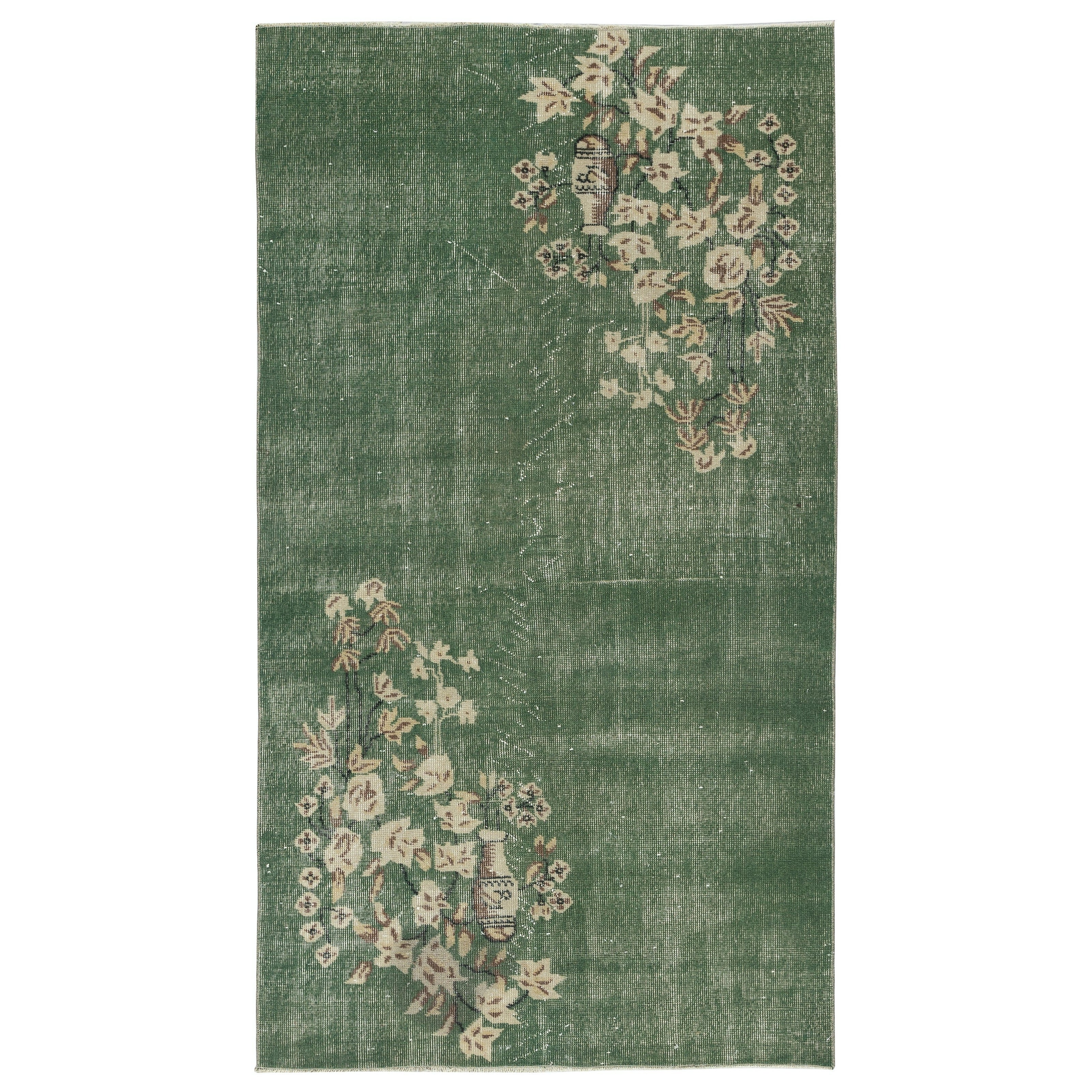 3.7x6.5 Ft Vintage Grüner Teppich mit chinesischem Art Deco Design. Handgeknüpft in der Türkei im Angebot