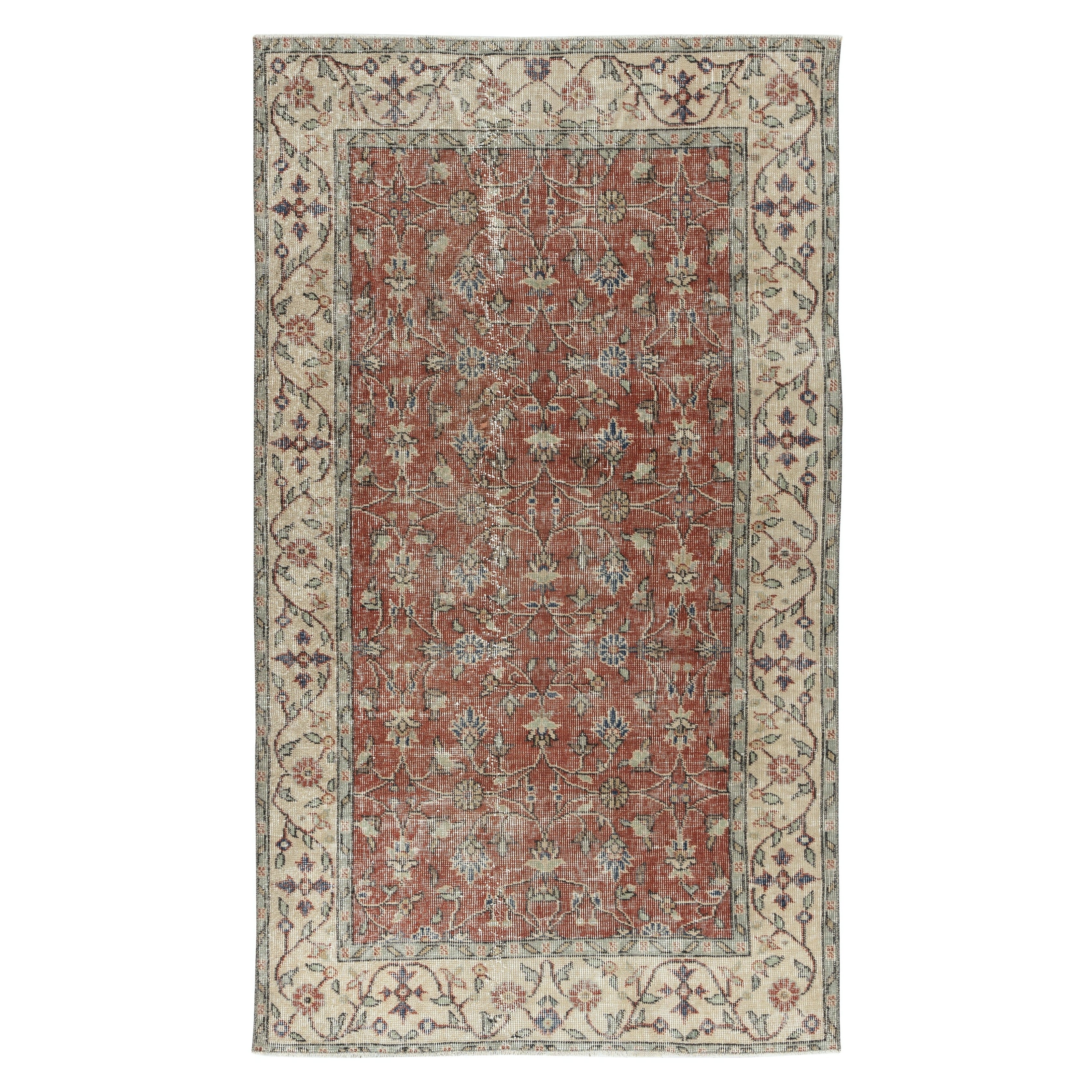 3.7x6.5 Ft Vintage Handmade Türkisch Rot Wolle Akzent Teppich mit floralem Design