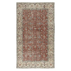 3.7x6.5 Ft Vintage Handmade Turkish Red Wool Accent Rug with Floral Design