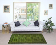 3.7x6.6 Ft Green Accent Rug for Contemporary Interiors. Hand-Knotted in Turkey