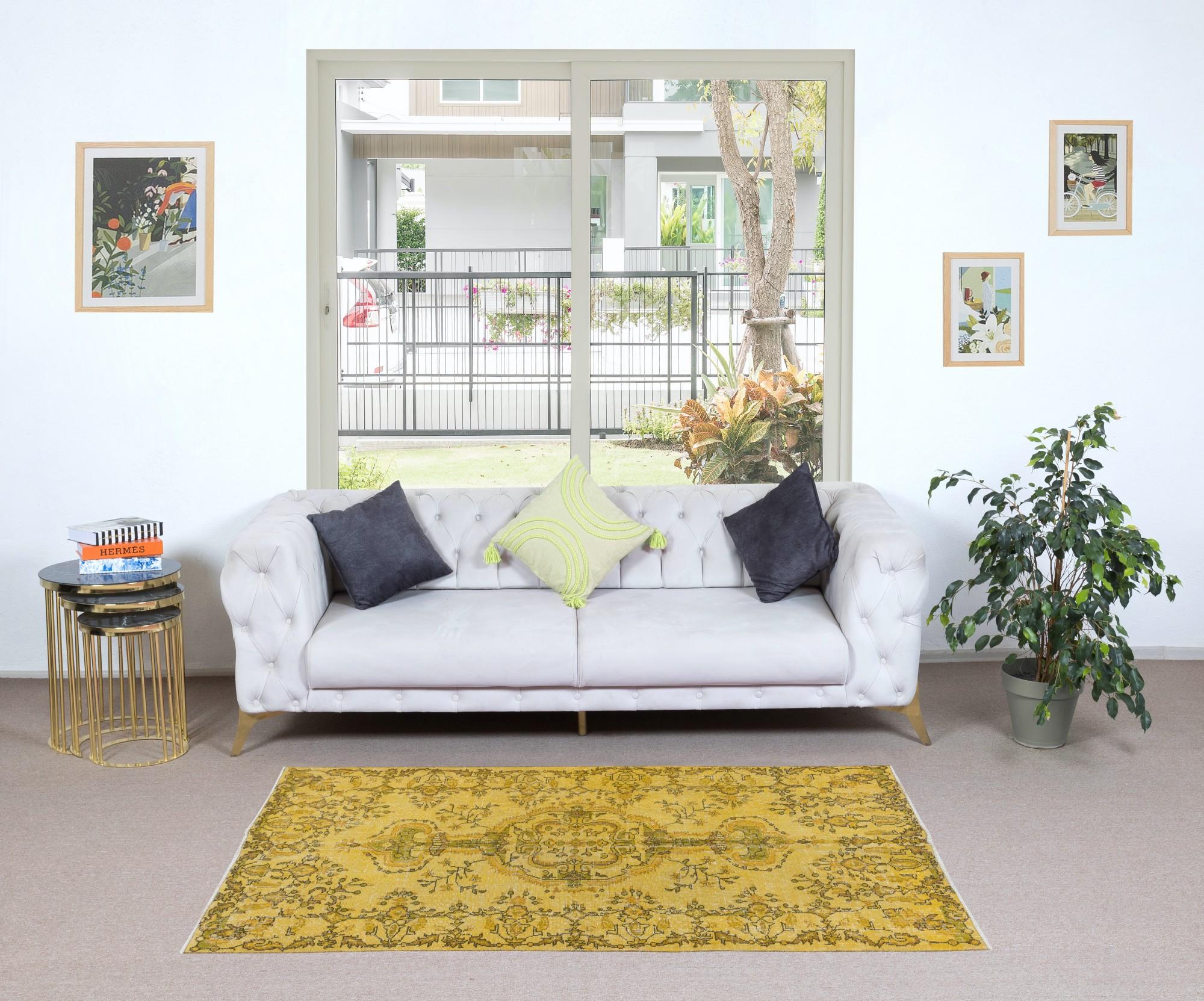 20th Century 3.7x6.6 Ft Modern Handmade Turkish Accent Rug Decorative Yellow Over-Dyed Carpet For Sale