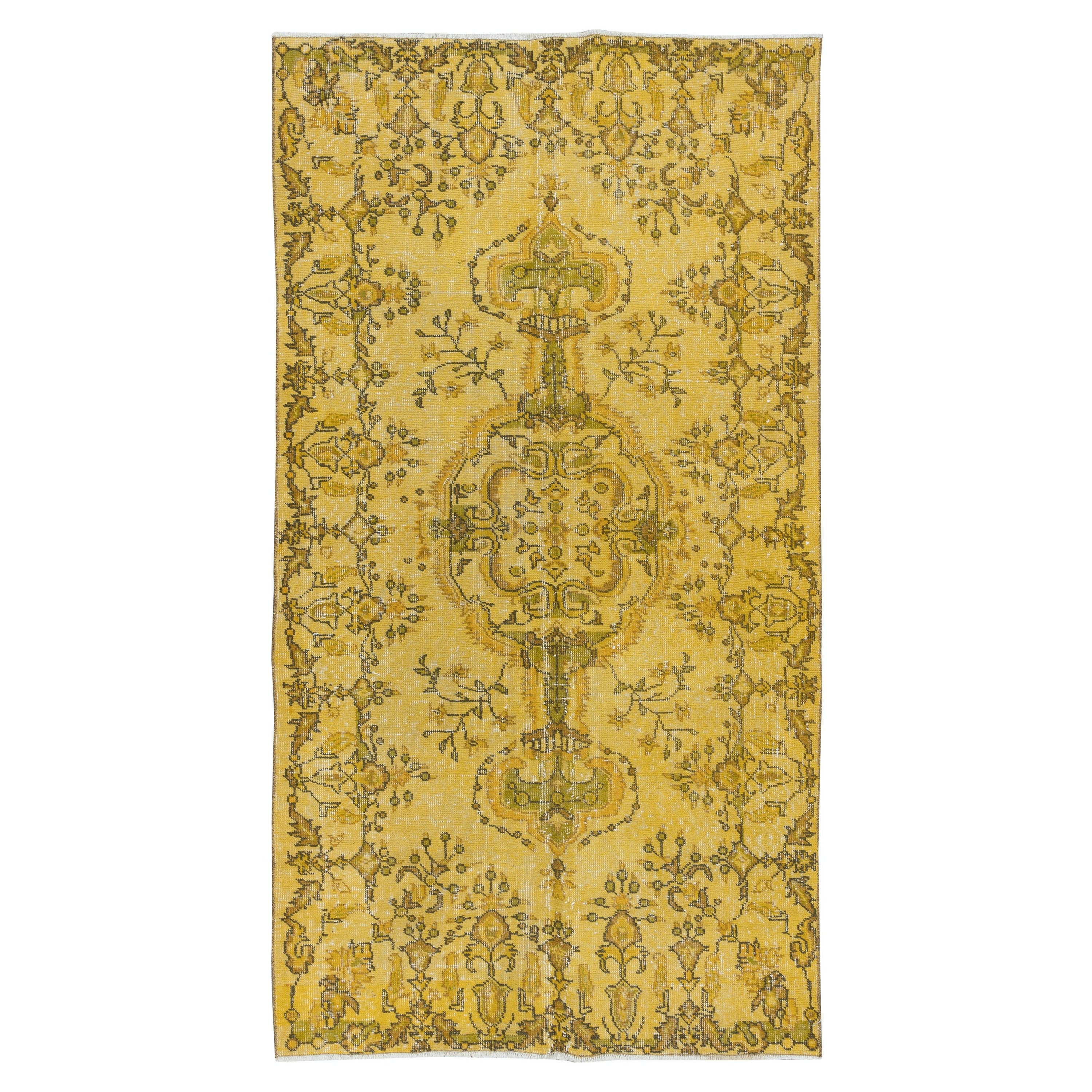 3.7x6.6 Ft Moderner handgefertigter türkischer Akzent-Teppich Dekorativer gelber Over-Dyed-Teppich