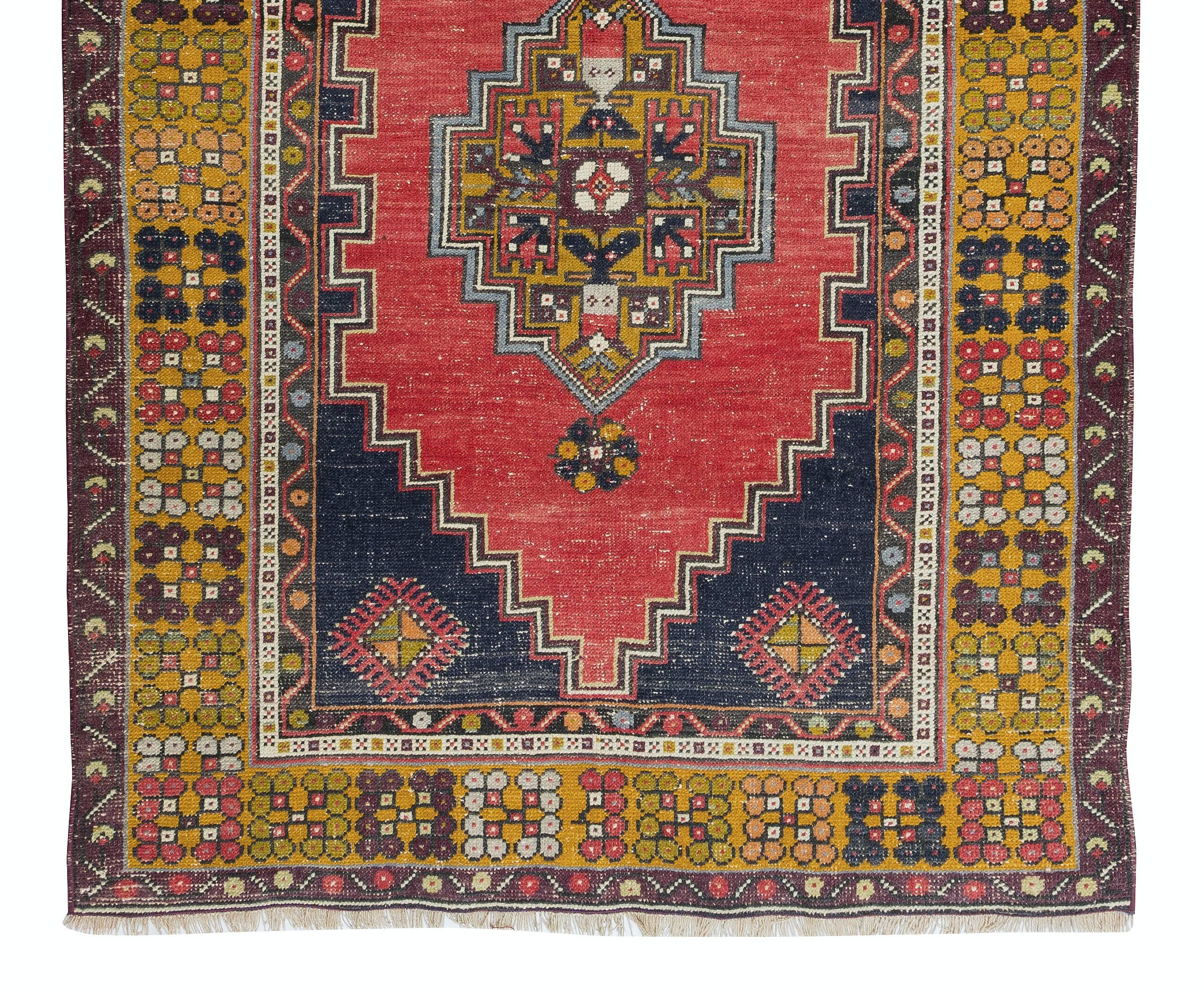 Turkish 3.7x6.6 Ft Vintage Handmade Oriental Rug in Red, Gold, Dark Blue, Pink & Green For Sale