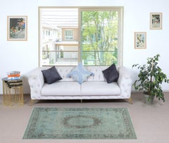 3.7x6.7 Ft Blue Color Overdyed Handmade Turkish Small Rug with Baroque Design