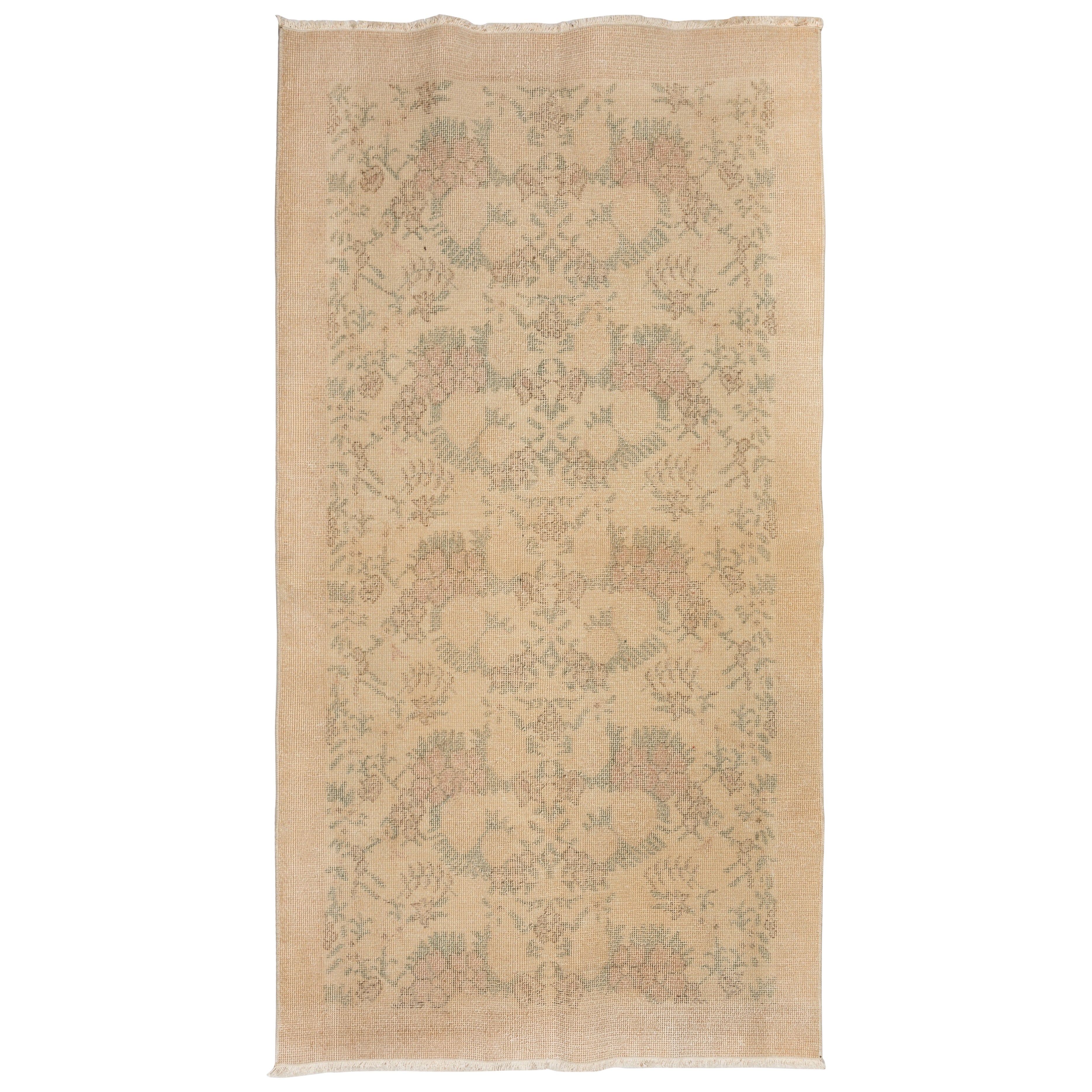 3.7x6.7 Ft Ein Paar handgeknüpfter, geblümter türkischer Vintage-Teppich in neutraler Farbe, neutral, handgeknüpft im Angebot