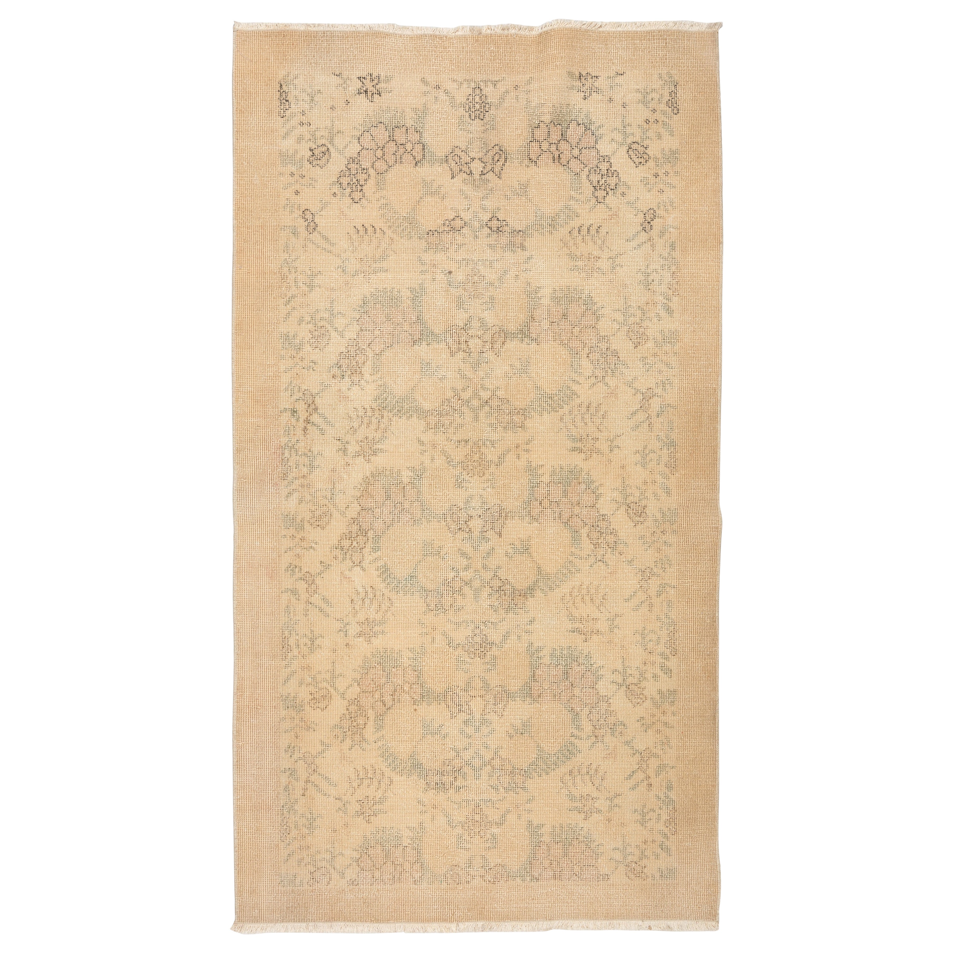 3.7x6.7 Ft Ein Paar handgeknüpfter, geblümter türkischer Vintage-Teppich in neutraler Farbe, neutral, handgeknüpft