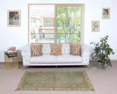 3.7x6.7 Ft Vintage Green Rug with Chinese Art Deco Design. Handknotted in Turkey