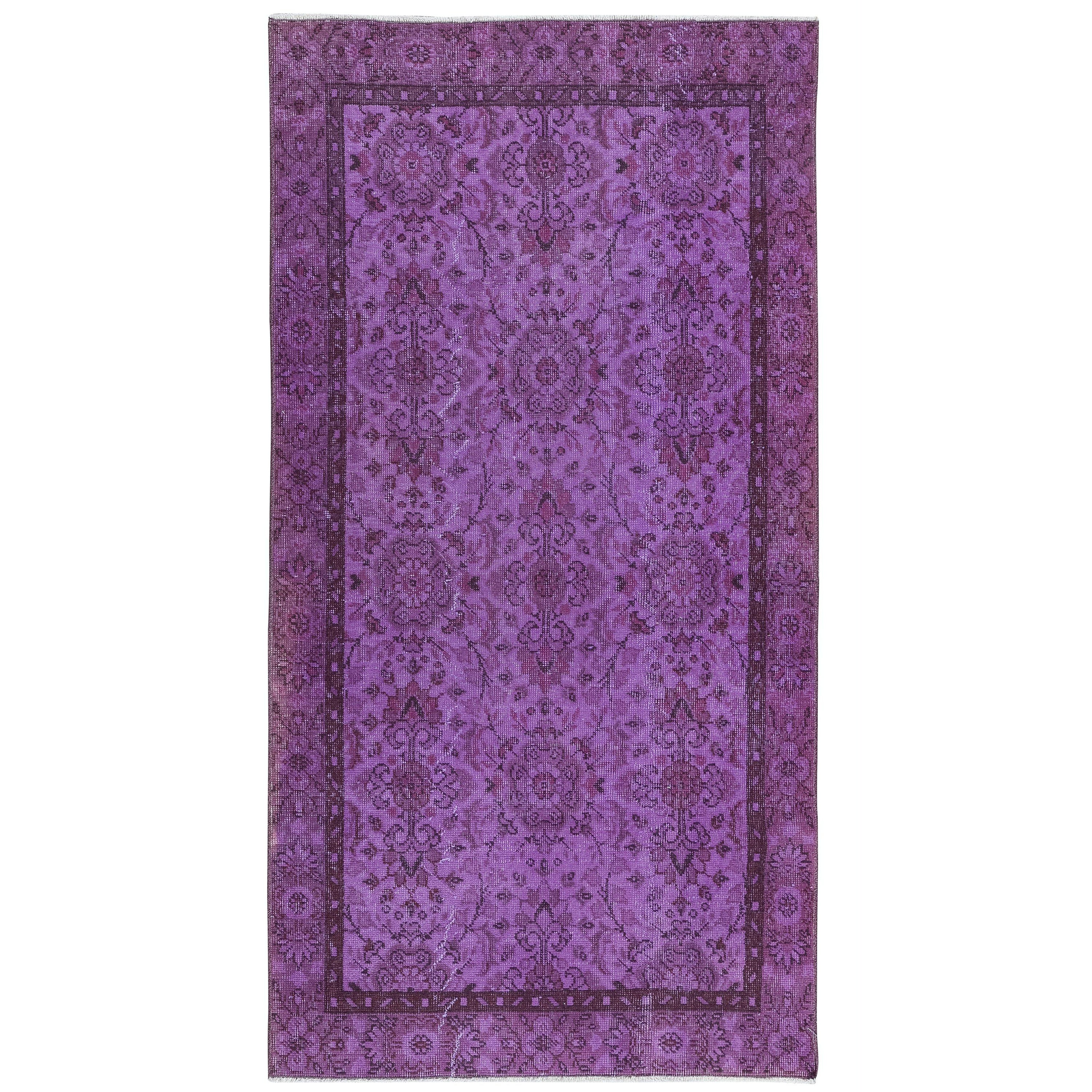 Tappeto floreale 3.7x6.8 Ft in viola per interni moderni, annodato a mano in Turchia