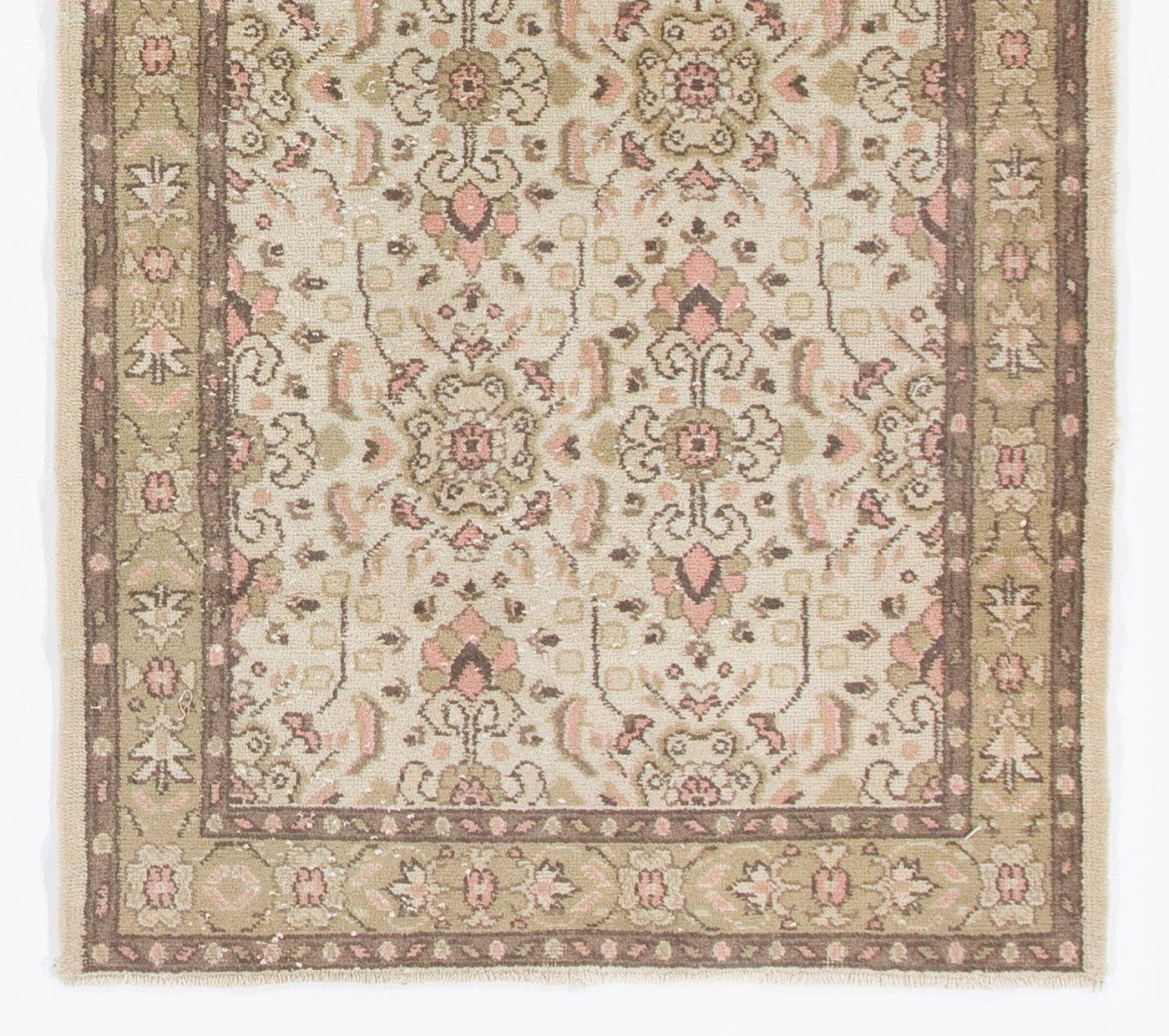 Oushak 3.7x6.8 Ft Vintage Anatolian Wool Rug in Beige, Faded Green, Soft Pink and Brown For Sale