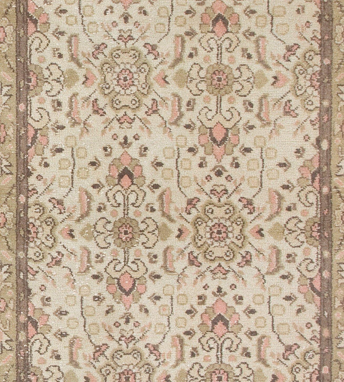 Turkish 3.7x6.8 Ft Vintage Anatolian Wool Rug in Beige, Faded Green, Soft Pink and Brown For Sale