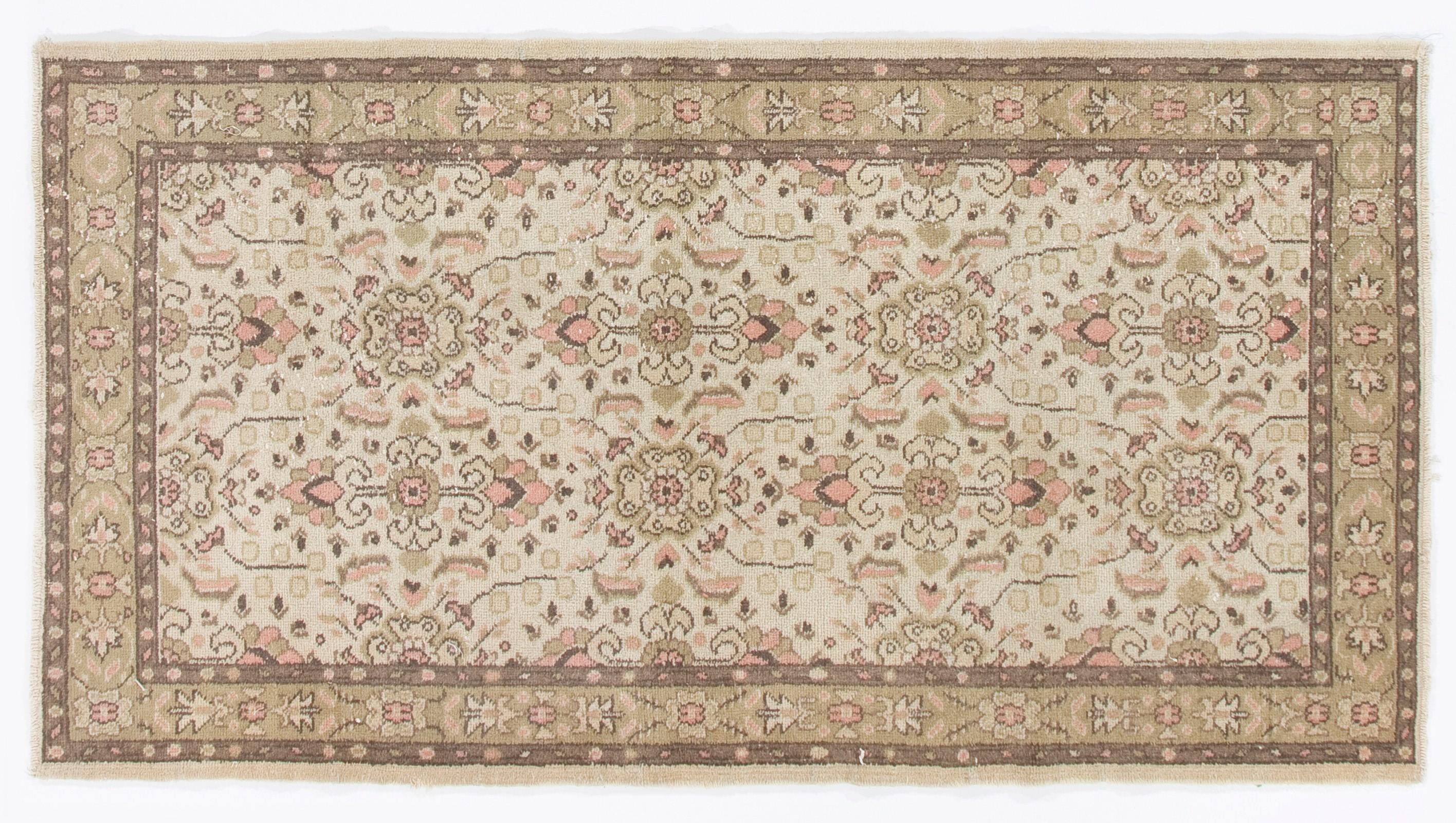 Hand-Woven 3.7x6.8 Ft Vintage Anatolian Wool Rug in Beige, Faded Green, Soft Pink and Brown For Sale