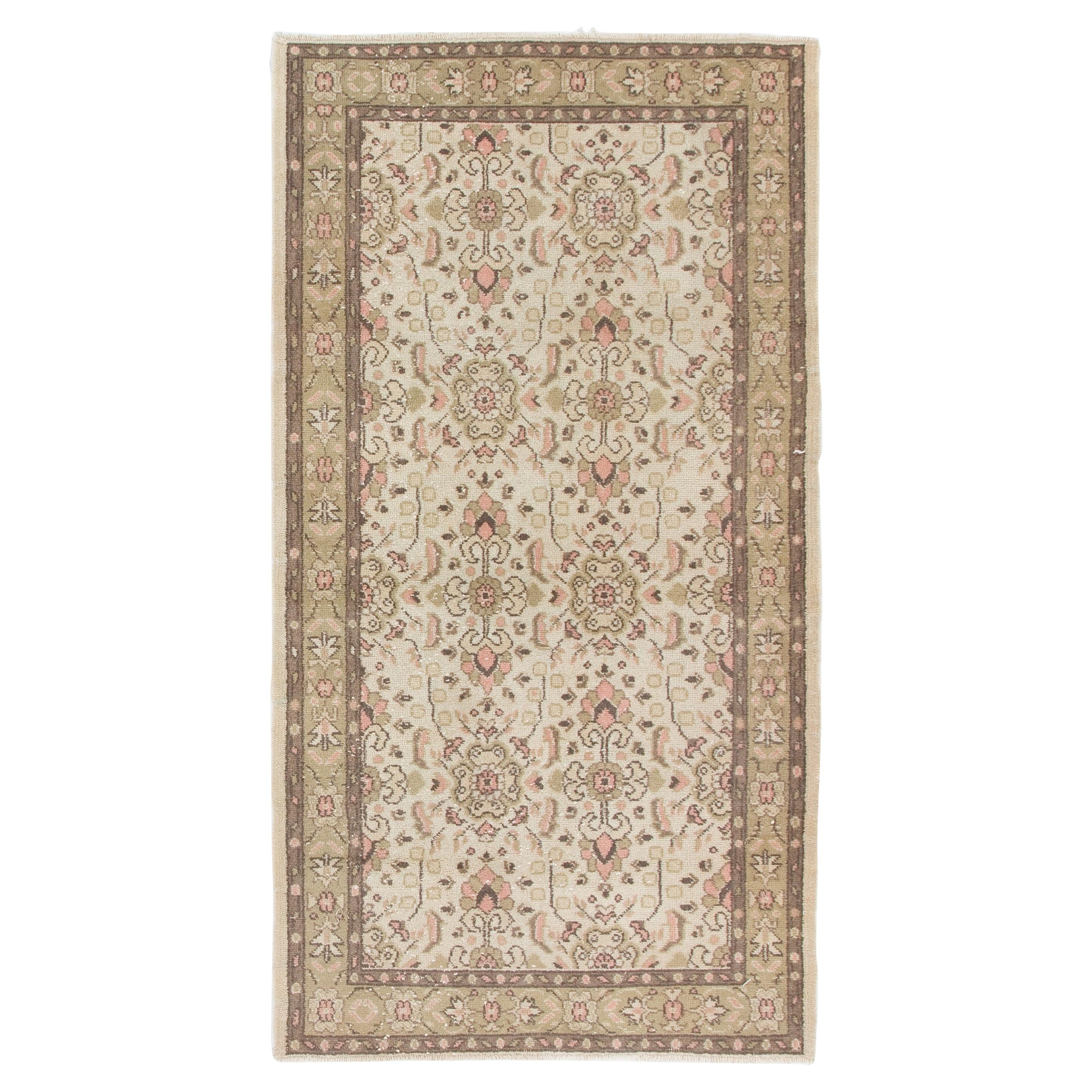 3.7x6.8 Ft Vintage Anatolian Wool Rug in Beige, Faded Green, Soft Pink and Brown For Sale