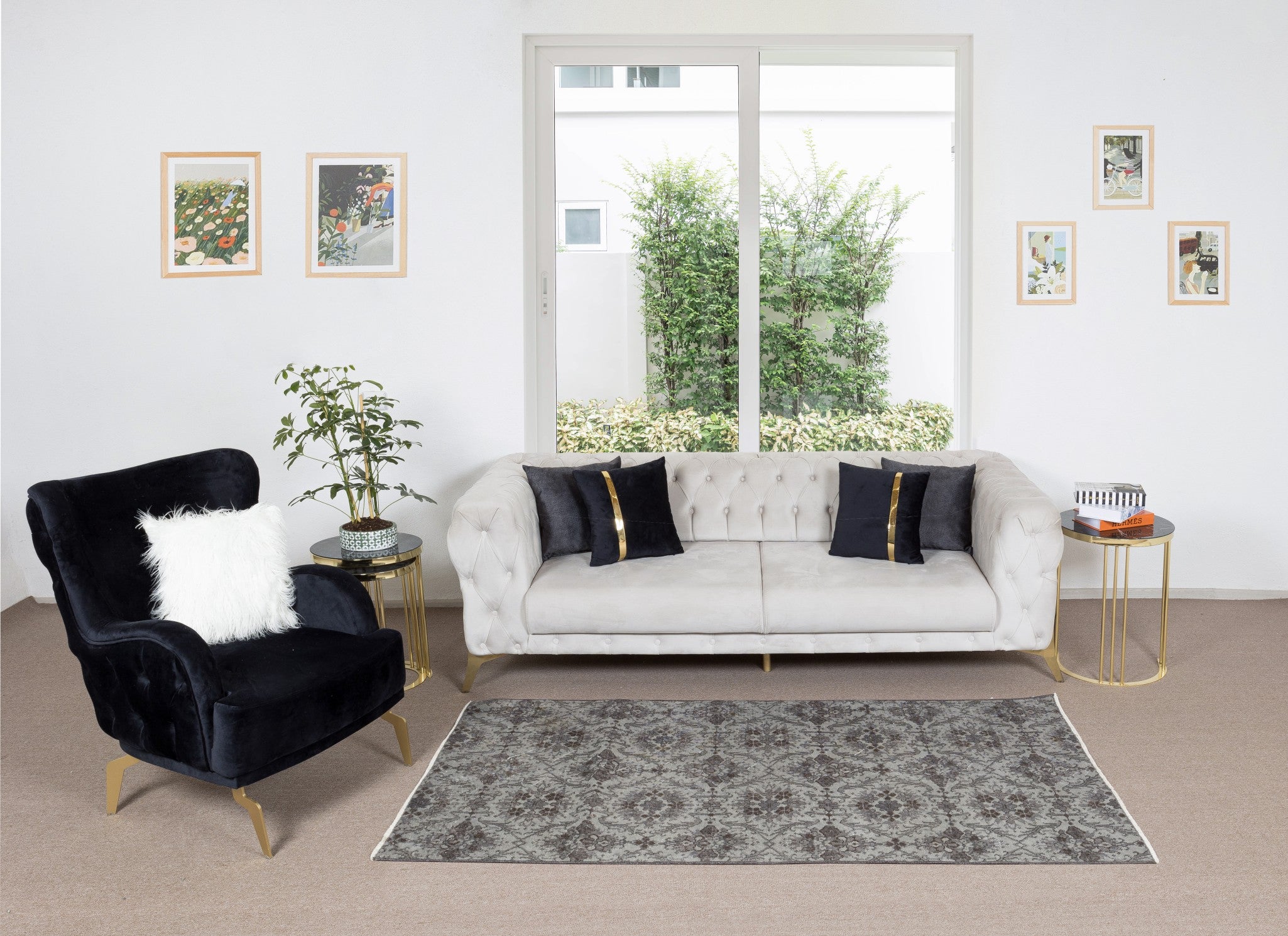 3.7x6,8 Ft handgefertigter türkischer Deko-Wollteppich mit Blumenmuster, Bodenbezug
