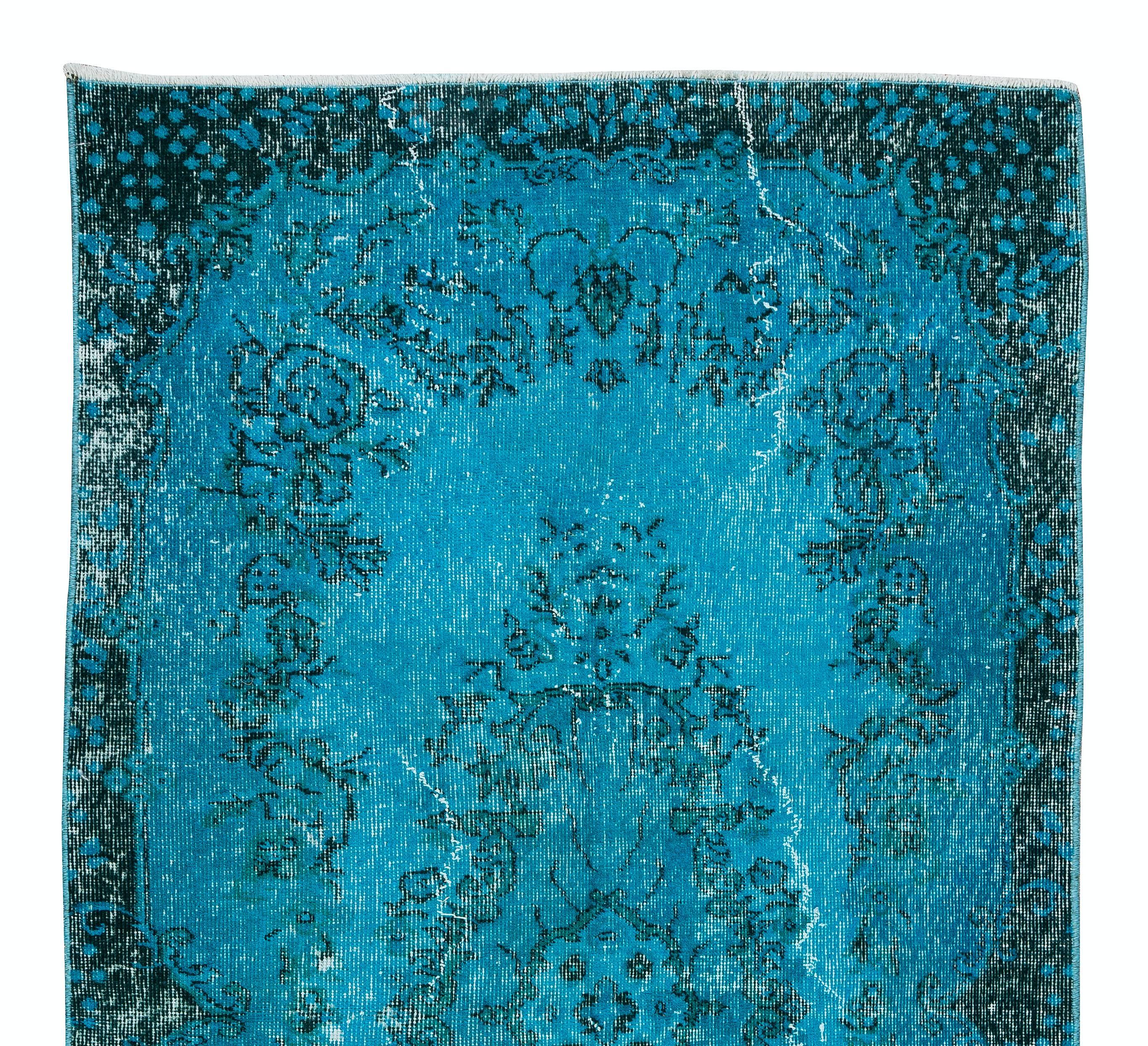 3.7x6.9 Ft Handmade Vintage Turkish Rug Redyed in Teal, Ideal 4 Modern Interiors In Good Condition For Sale In Philadelphia, PA
