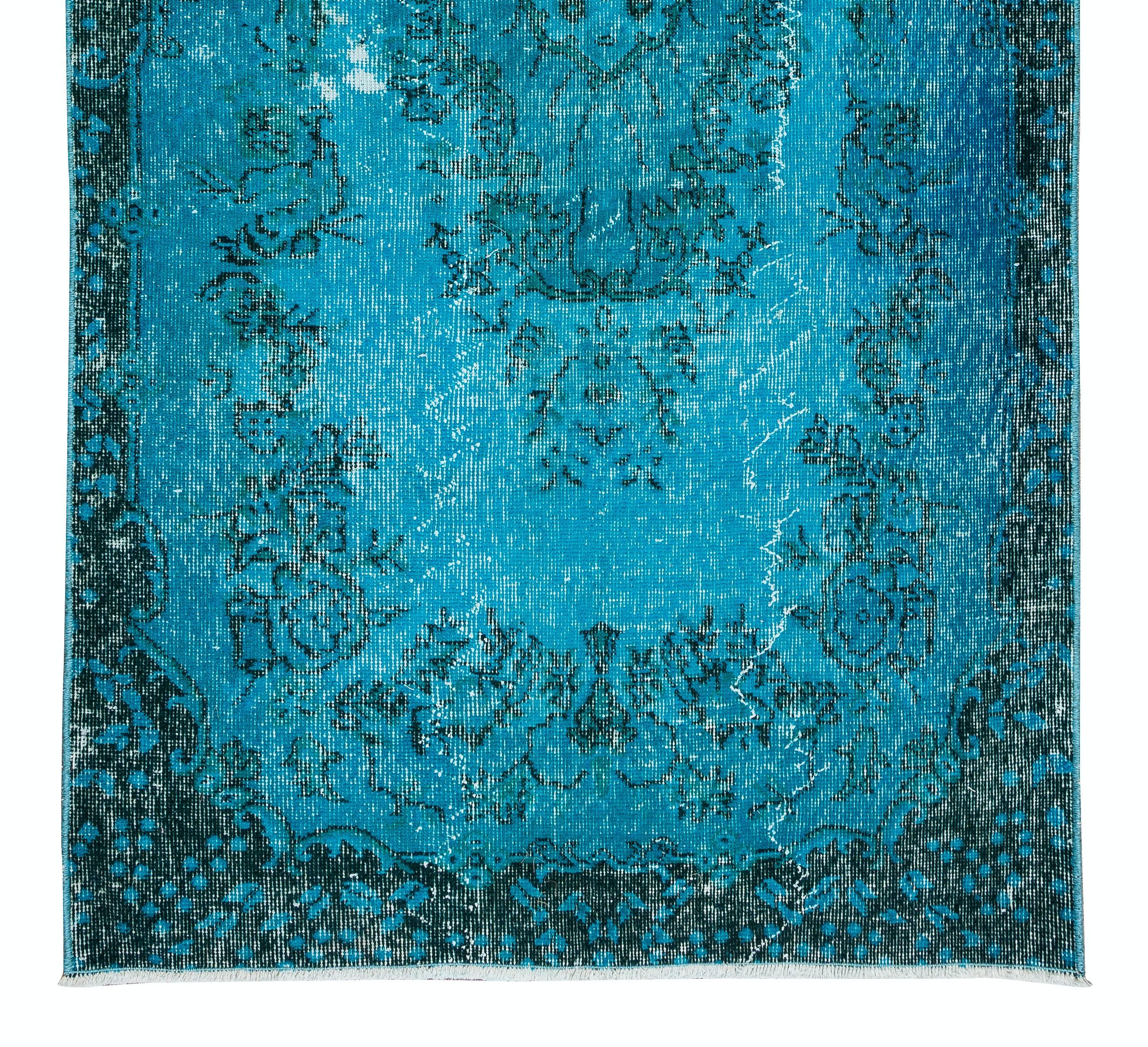 20th Century 3.7x6.9 Ft Handmade Vintage Turkish Rug Redyed in Teal, Ideal 4 Modern Interiors For Sale