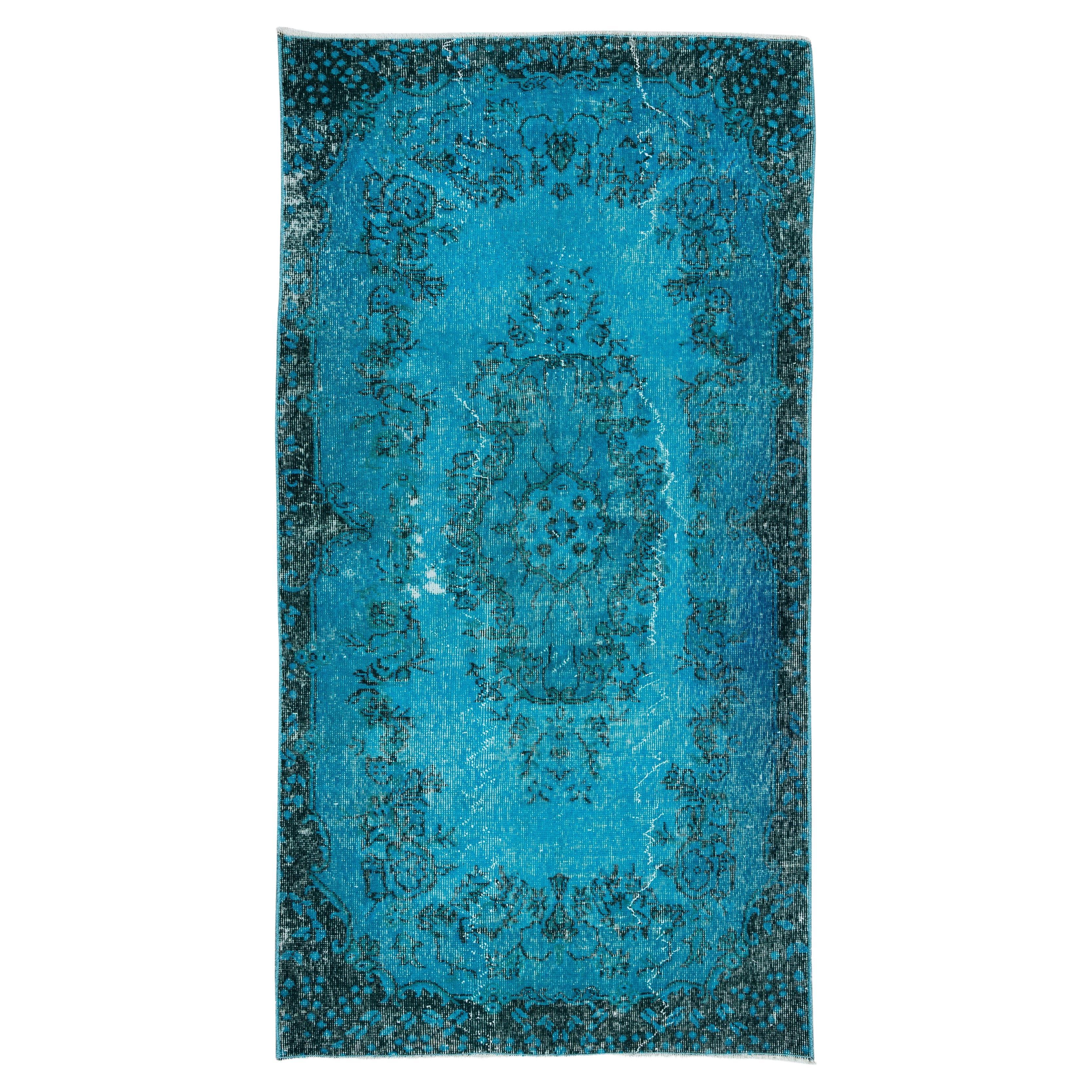 3.7x6.9 Ft Handmade Vintage Turkish Rug Redyed in Teal, Ideal 4 Modern Interiors For Sale