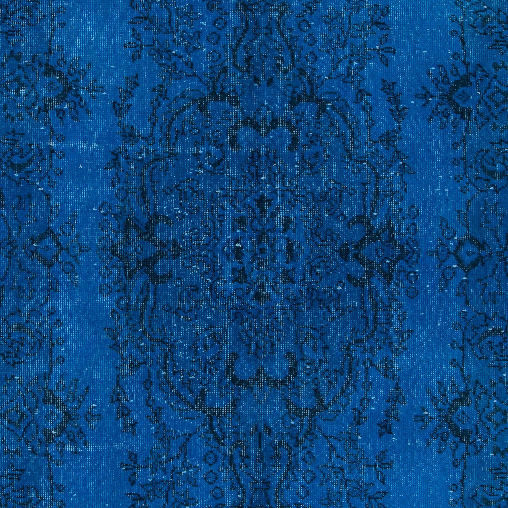 Modern 3.7x7 Ft Handmade Vintage Turkish Small Rug ReDyed in Blue with Medallion Design For Sale