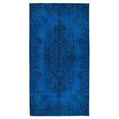 3,7x7 Ft Tappeto vintage turco fatto a mano di piccole dimensioni tinto in blu con design a medaglione