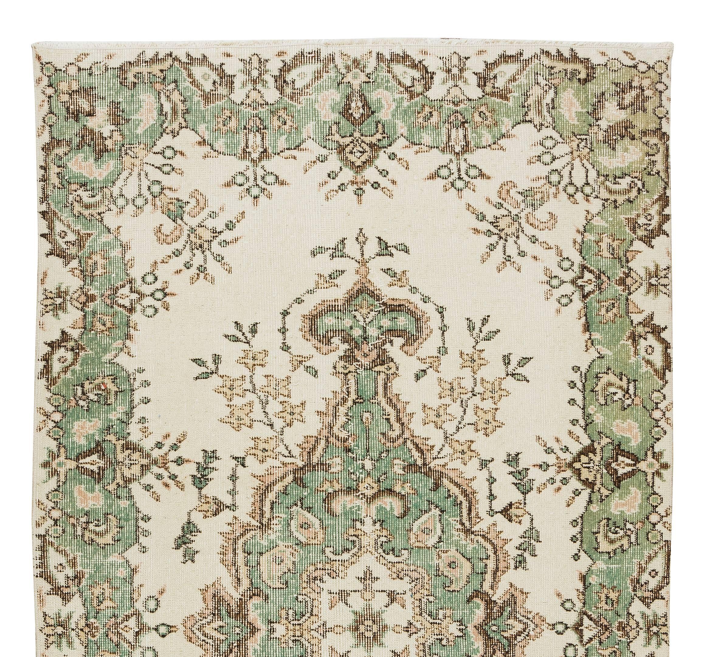 Oushak Vintage Handmade Anatolian Wool Accent Rug in Beige and Green Colors For Sale