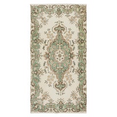 Retro Handmade Anatolian Wool Accent Rug in Beige and Green Colors