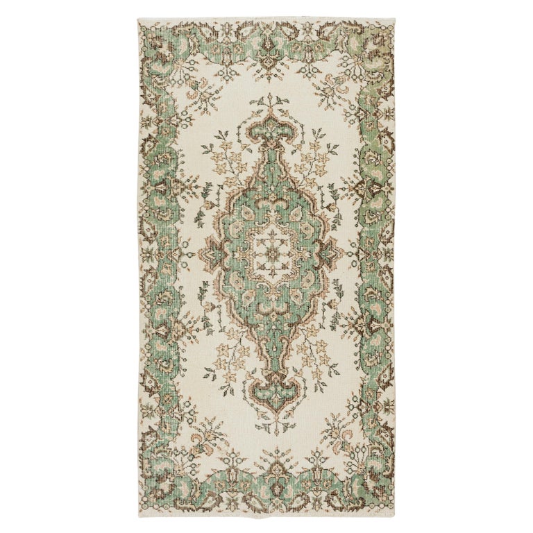 Vintage Handmade Anatolian Wool Accent Rug in Beige and Green Colors
