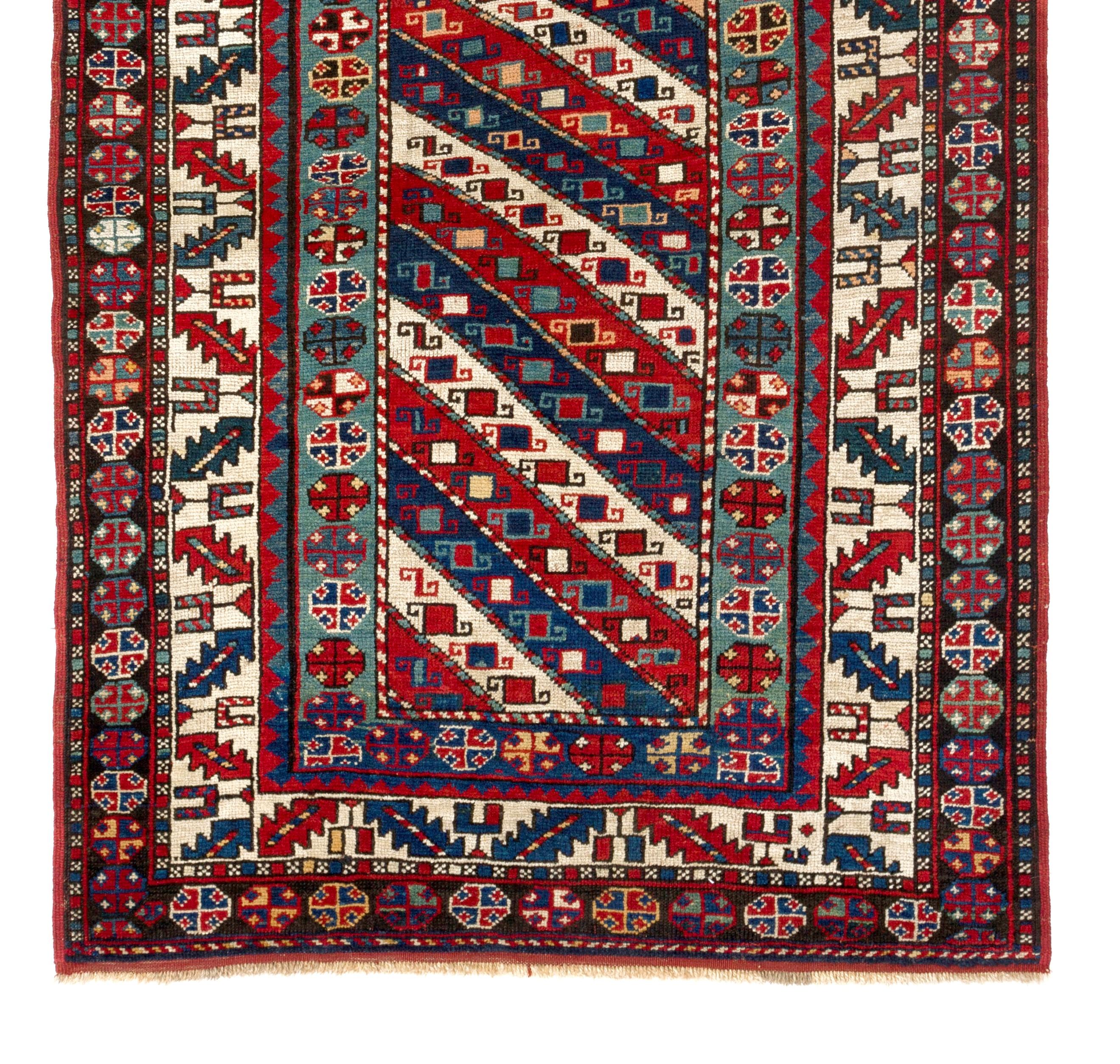 Hand-Knotted 3.6x7 Ft Antique Caucasian Gendje. Collectible Tribal Kazak Rug. Natural Dyes For Sale