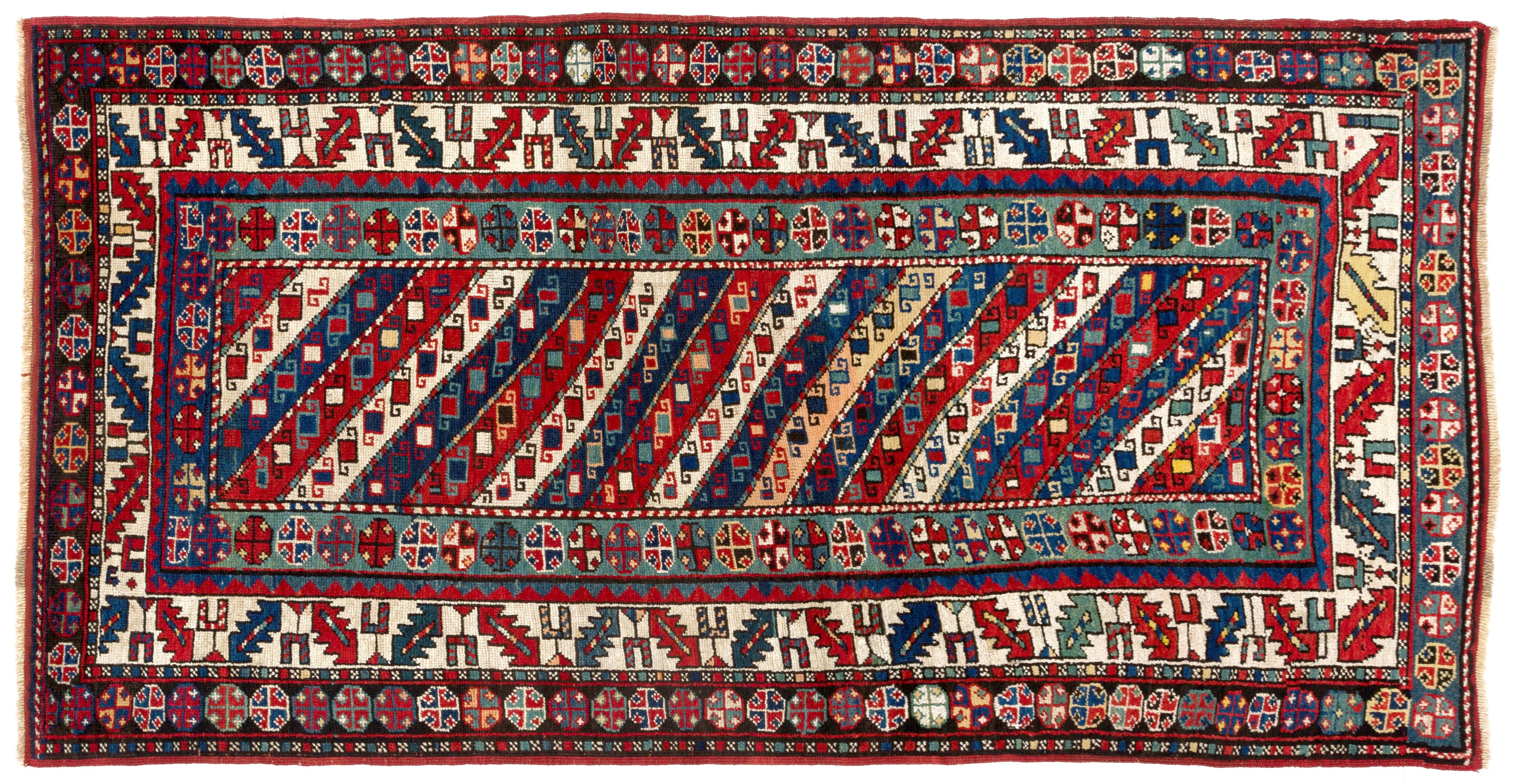 19th Century 3.6x7 Ft Antique Caucasian Gendje. Collectible Tribal Kazak Rug. Natural Dyes For Sale